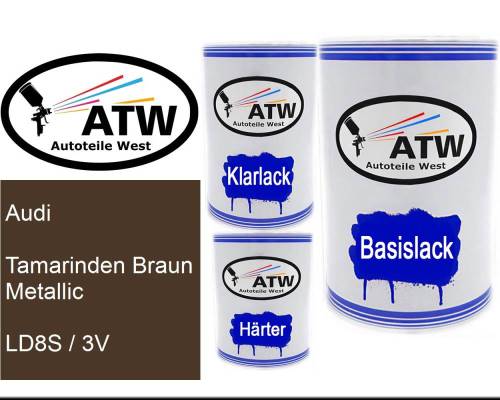 Audi, Tamarinden Braun Metallic, LD8S / 3V: 500ml Lackdose + 500ml Klarlack + 250ml Härter - Set, von ATW Autoteile West.